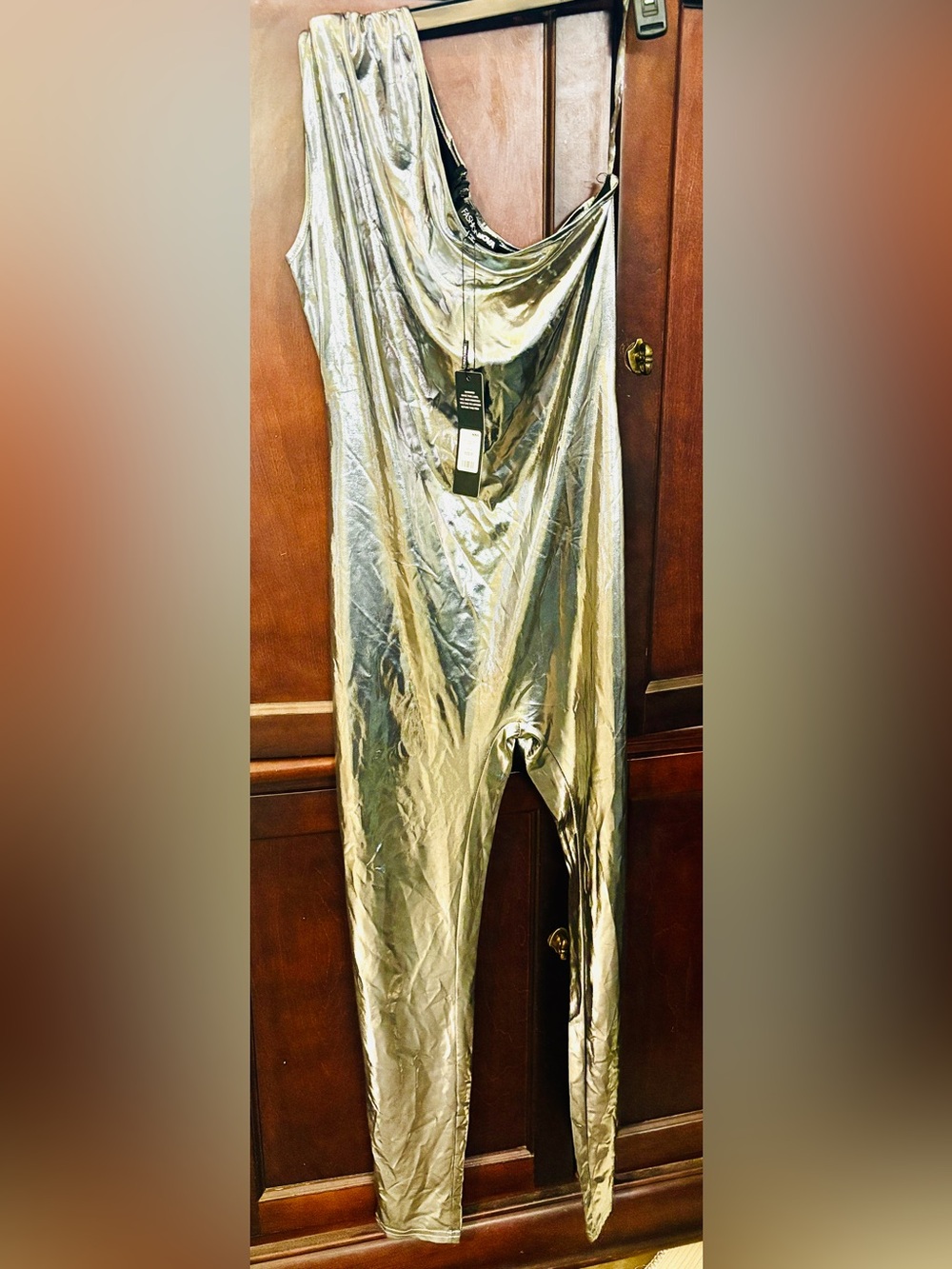 Fashion Nova Shimmering Silver Cowl-Neck Jumpsuit